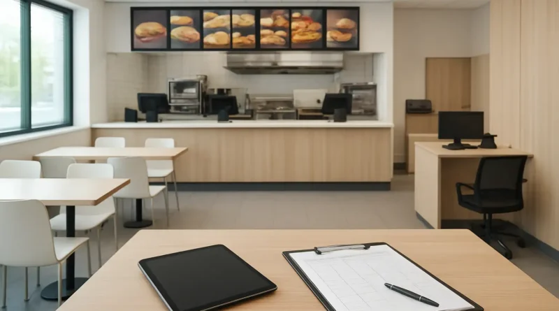 Espace de travail d’un manager en restauration rapide avec planning et tablette, illustrant le salaire manager McDo