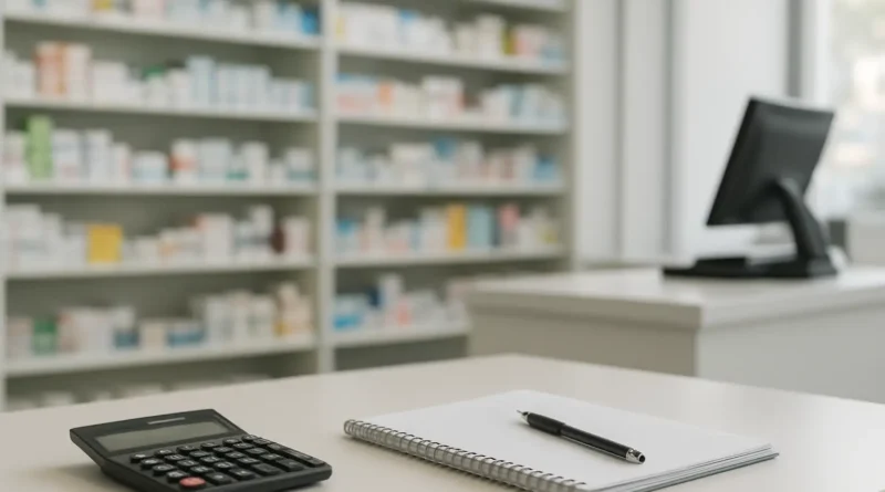 Comptoir d’officine avec documents de rémunération pour illustrer le salaire d’un pharmacien en officine