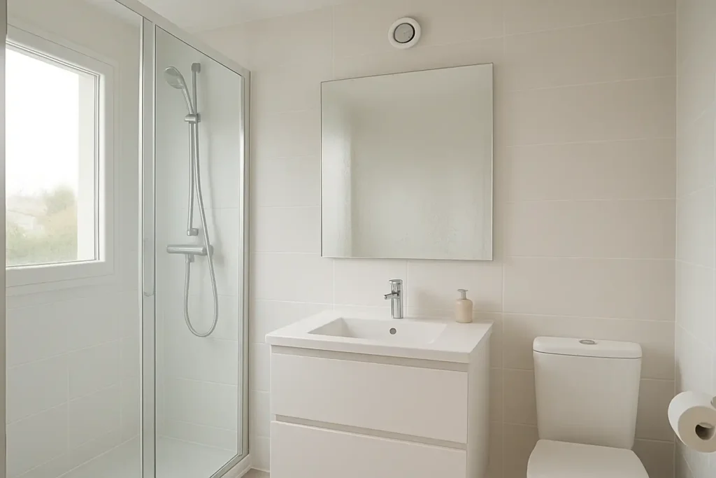 Salle de bain moderne avec bouche de VMC et condensation légère après la douche