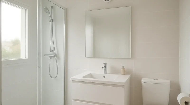 Salle de bain moderne avec bouche de VMC et condensation légère après la douche