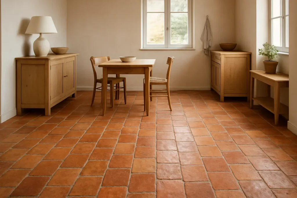 Sol en tomette rouge patinée dans un intérieur de maison lumineux