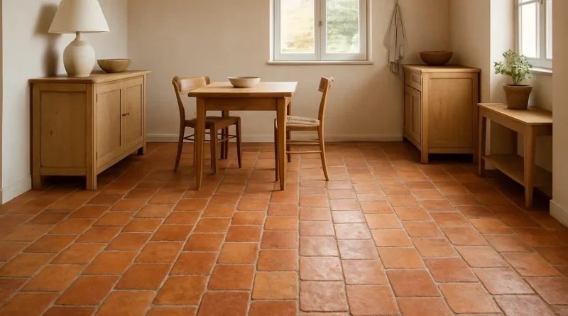 Sol en tomette rouge patinée dans un intérieur de maison lumineux