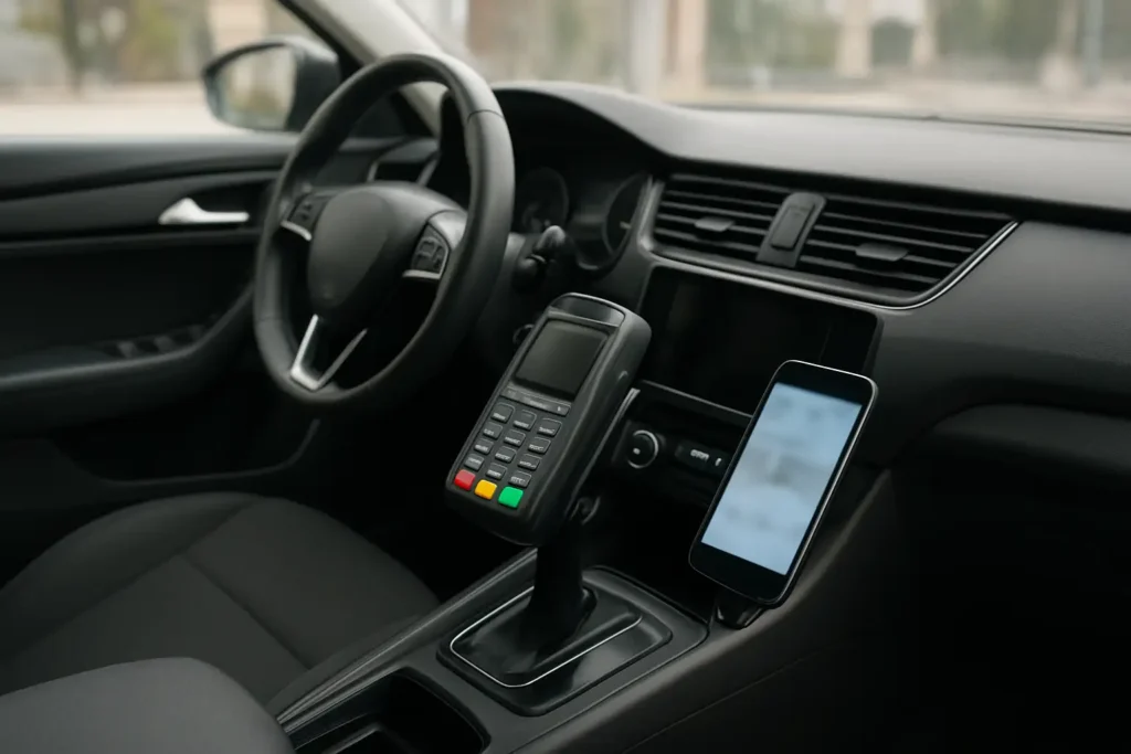 Terminal de paiement sans contact et smartphone dans un VTC, pour illustrer le paiement par carte