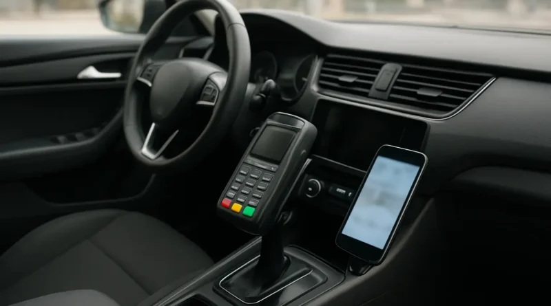 Terminal de paiement sans contact et smartphone dans un VTC, pour illustrer le paiement par carte