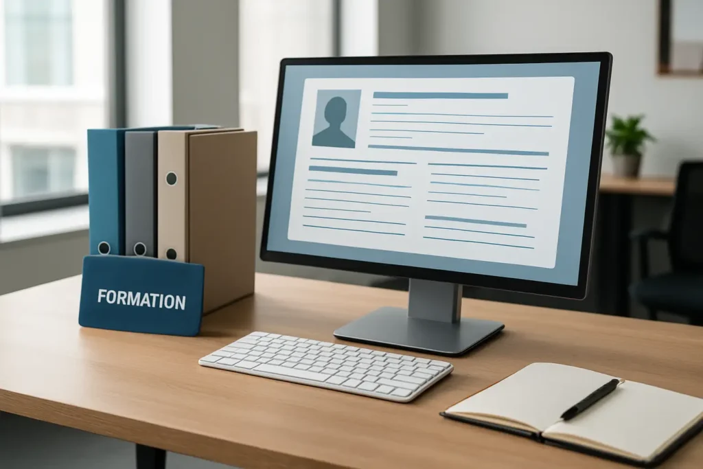 Bureau professionnel avec ordinateur affichant une fiche métier générique et des dossiers de formation