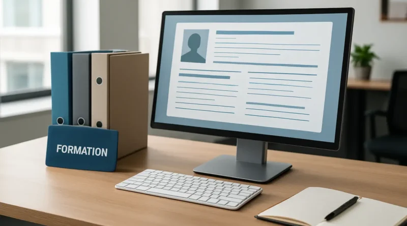 Bureau professionnel avec ordinateur affichant une fiche métier générique et des dossiers de formation