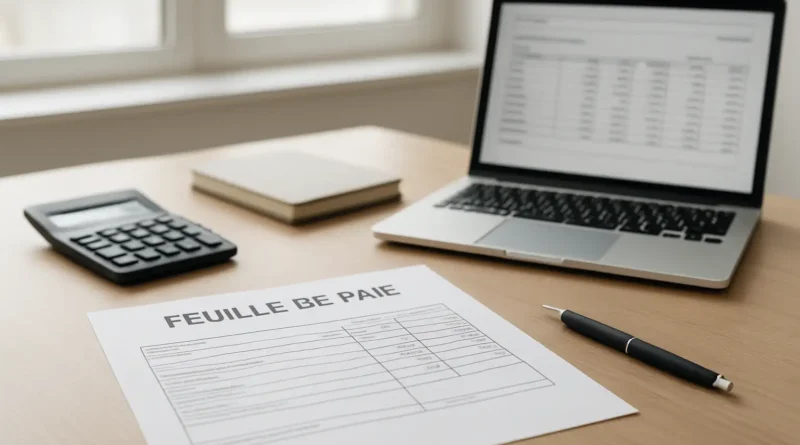 Bureau avec calculatrice et fiche de paie pour estimer 45k brut en net