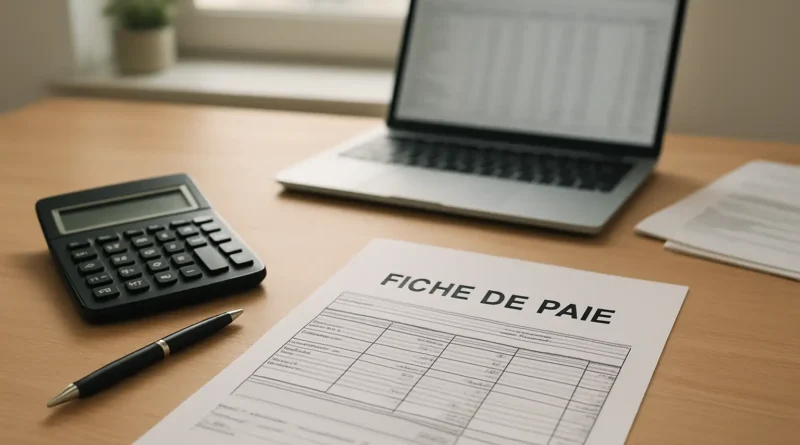 Bureau avec fiche de paie, calculatrice et ordinateur pour illustrer 48 000 brut en net