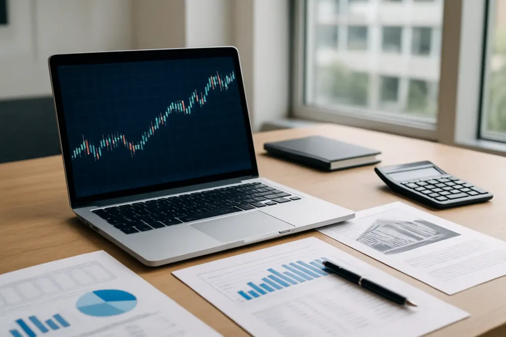 Bureau financier avec écran montrant un graphique boursier générique pour l’action URW