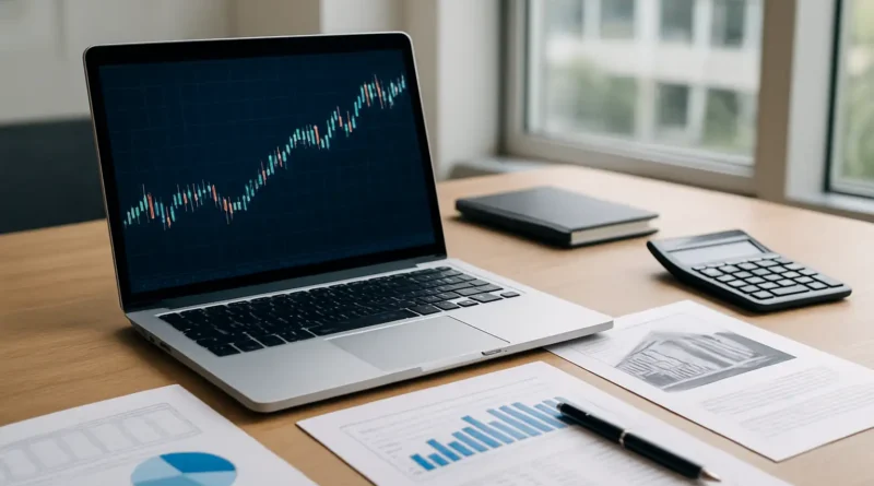 Bureau financier avec écran montrant un graphique boursier générique pour l’action URW