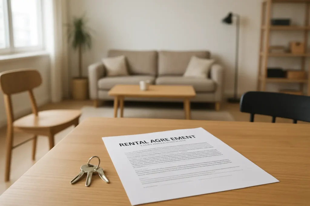 Contrat de bail de colocation posé sur une table dans un appartement moderne