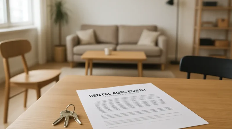 Contrat de bail de colocation posé sur une table dans un appartement moderne