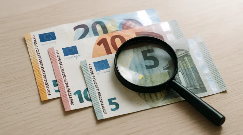 Billets de banque en euros posés sur une table avec une loupe pour vérifier leur authenticité