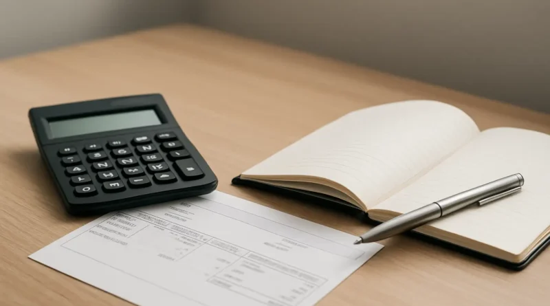 Calculatrice et fiche de paie sur un bureau pour illustrer le calcul d’un salaire de 24 heures par semaine