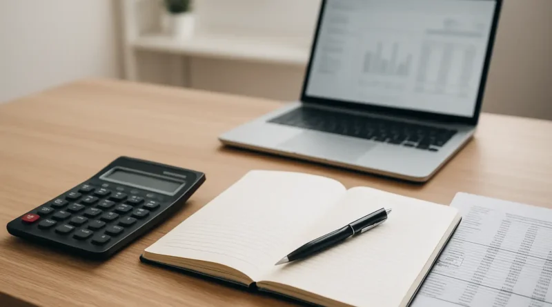 Bureau avec calculatrice, carnet et écran de budget pour calculer un taux horaire