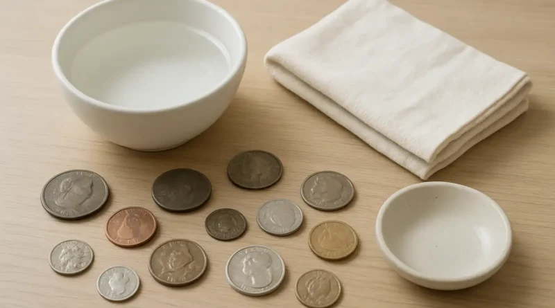 Pièces de monnaie nettoyées délicatement avec un bol d’eau et un chiffon doux