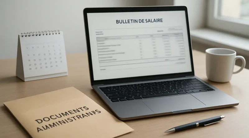 Bureau administratif avec bulletin de salaire et calendrier pour illustrer la date de salaire dans l’Éducation nationale