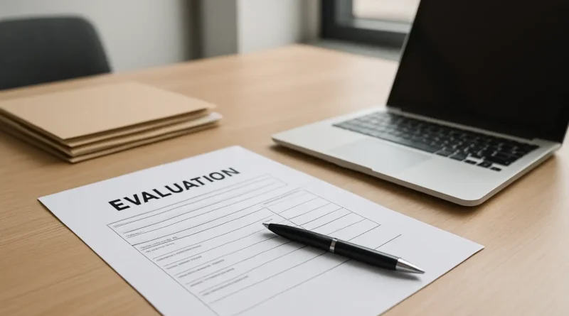 Bureau avec fiche d’évaluation et ordinateur pour rédiger une appréciation de tuteur de stage
