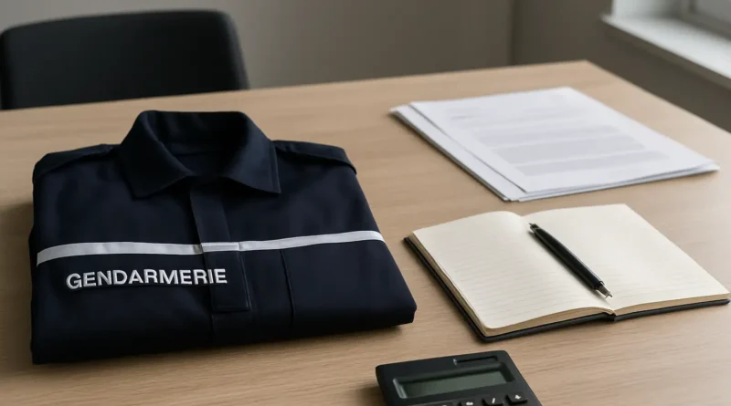 Bureau administratif avec documents et uniforme évoquant le salaire d’un réserviste de la gendarmerie