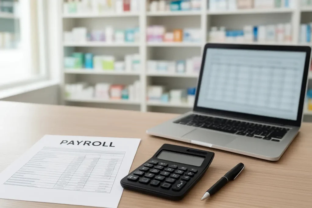 Documents de salaire et calculatrice sur un bureau en pharmacie pour illustrer la grille salaire pharmacie