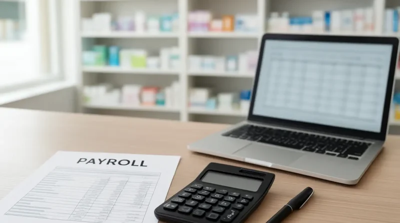 Documents de salaire et calculatrice sur un bureau en pharmacie pour illustrer la grille salaire pharmacie