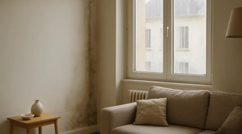 Appartement avec traces d’humidité sur un mur et condensation sur une fenêtre