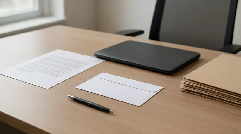 Bureau avec une lettre administrative et un dossier pour une carte VTC à envoyer à la préfecture