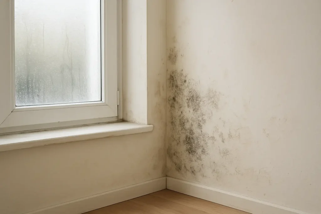 Intérieur de maison humide avec condensation sur une fenêtre et traces de moisissure sur un mur