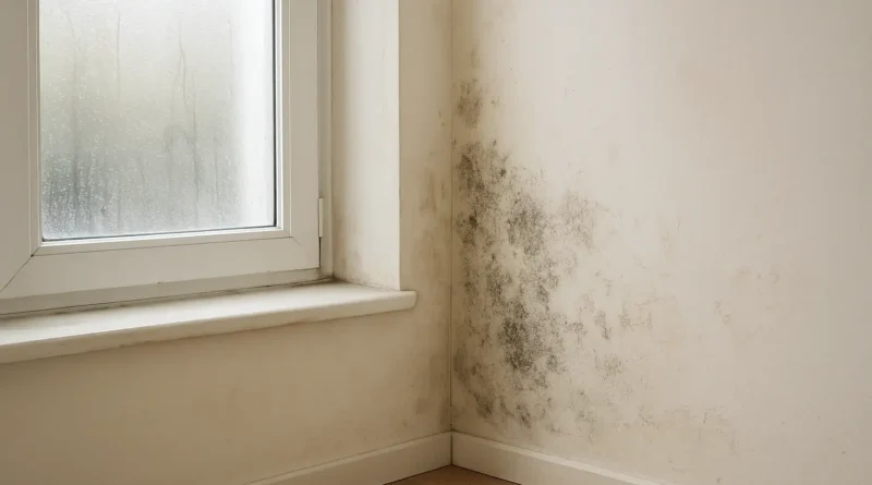 Intérieur de maison humide avec condensation sur une fenêtre et traces de moisissure sur un mur