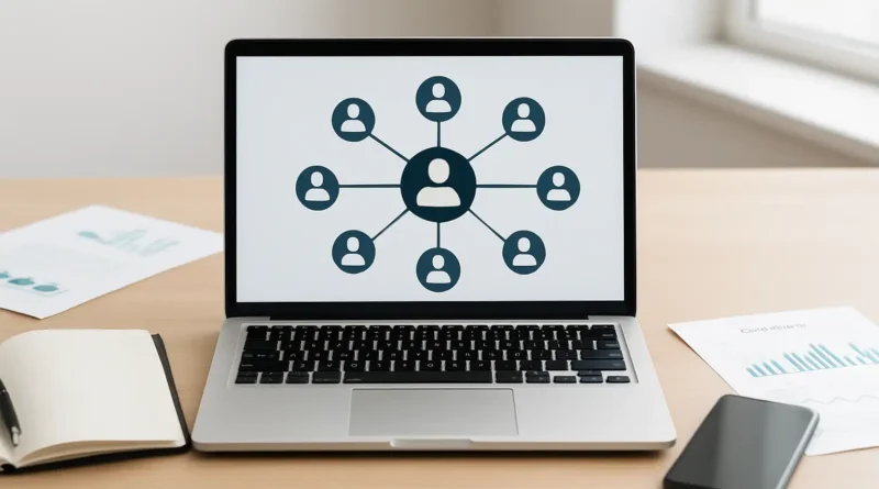 Bureau avec ordinateur et documents illustrant le marketing de réseau