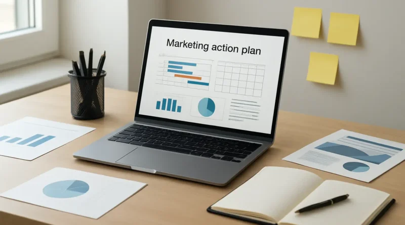 Bureau de marketing opérationnel avec planning, tableau de bord et supports de communication
