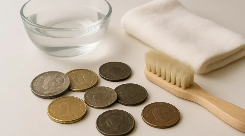 Pièces de monnaie à nettoyer avec un chiffon doux et un bol d’eau