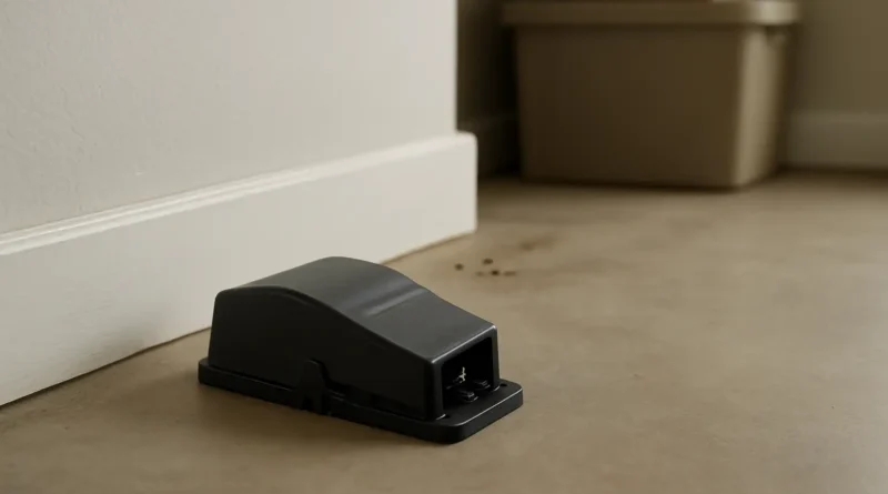 Piège à rat maison placé le long d’un mur dans un intérieur domestique