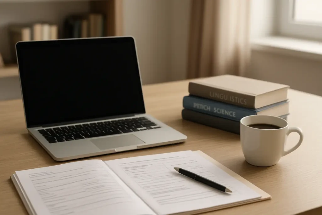 Bureau de travail avec documents et livres pour préparer une reconversion orthophoniste