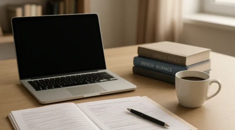 Bureau de travail avec documents et livres pour préparer une reconversion orthophoniste