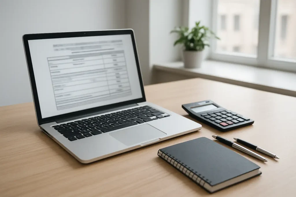 Bureau avec ordinateur, calculatrice et documents pour illustrer le salaire en alternance master