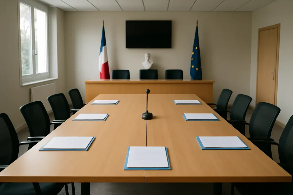 Salle de conseil municipal avec dossiers administratifs pour illustrer le salaire d’une conseillère municipale