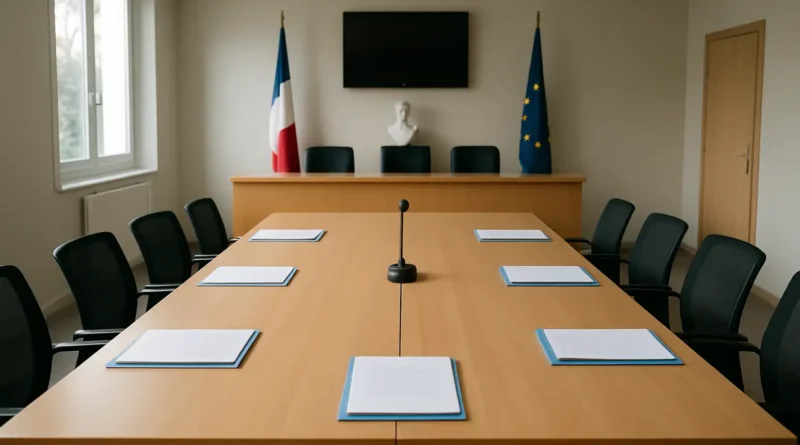 Salle de conseil municipal avec dossiers administratifs pour illustrer le salaire d’une conseillère municipale