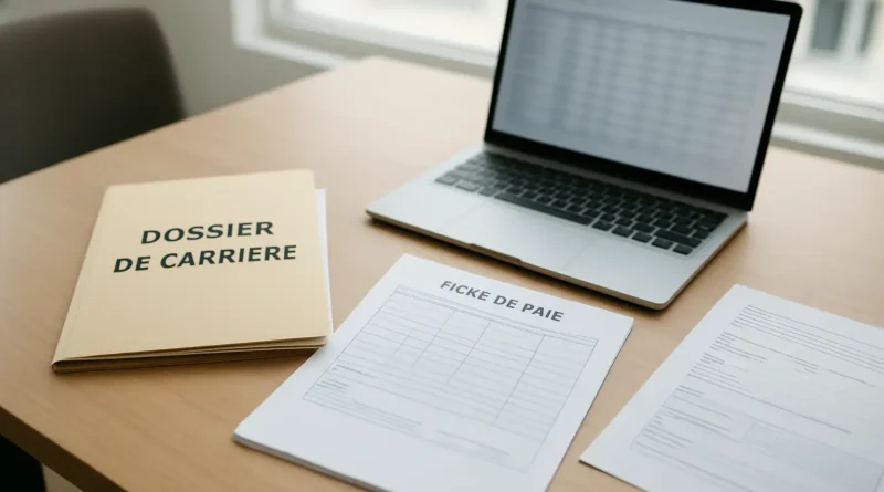 Bureau administratif avec fiche de paie et documents sur le salaire des CPE