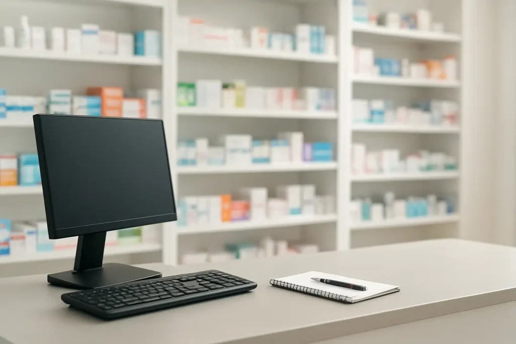 Comptoir de pharmacie moderne illustrant le salaire du pharmacien en France