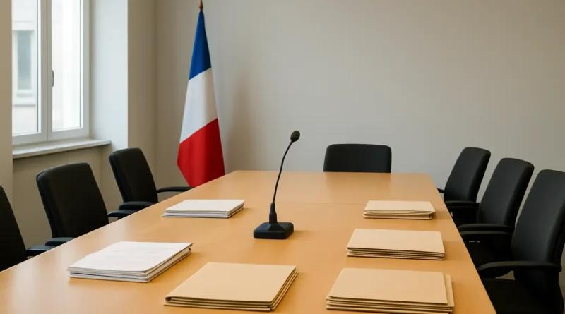 Salle de conseil municipal avec dossiers et micro, illustrant le salaire d’un 1er adjoint au maire