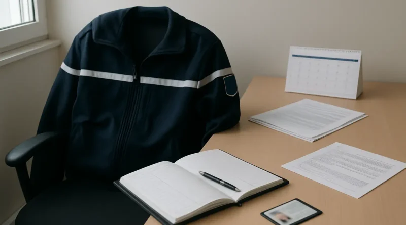 Bureau administratif avec documents et tenue liés au salaire d’un gendarme réserviste