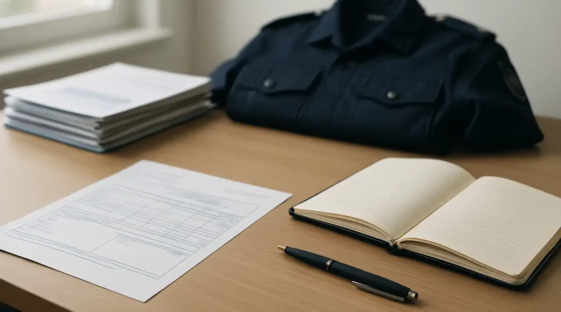 Bureau avec fiche de paie et uniforme évoquant le salaire de la gendarmerie