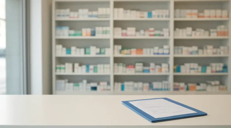 Comptoir d’officine avec document de paie pour illustrer la grille de salaire d’un pharmacien