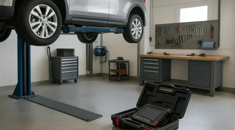 Atelier automobile moderne avec véhicule sur pont élévateur et outils de diagnostic, illustrant le salaire d’un mécanicien auto