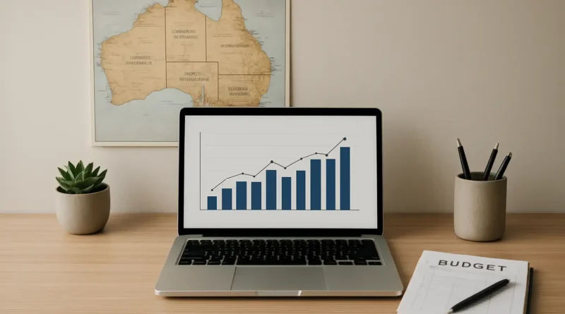 Bureau avec carte de l’Australie, ordinateur et carnet de budget pour illustrer le salaire moyen en Australie
