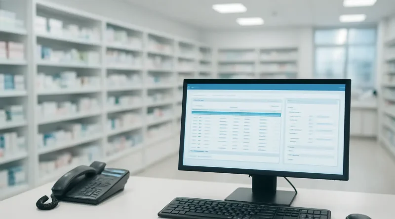 Pharmacie hospitalière moderne avec poste informatique et médicaments