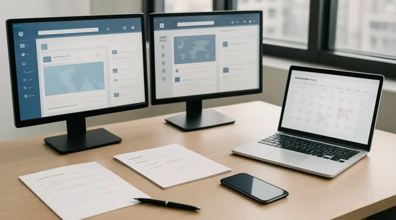 Bureau de travail avec écrans, calendrier éditorial et smartphone pour illustrer le social media marketing