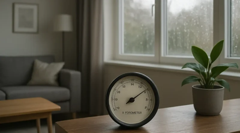 Hygromètre dans une maison avec fenêtres embuées pendant la pluie