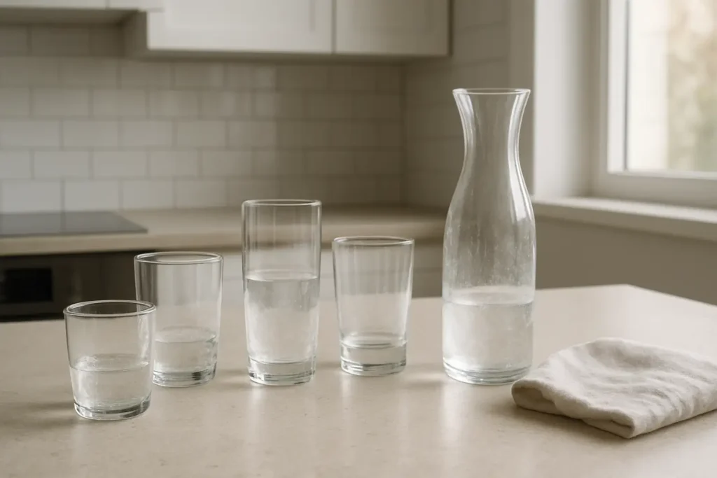 Verres blancs maison avec voile de calcaire dans une cuisine moderne